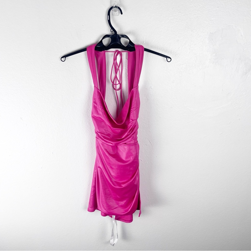 LUCY IN THE SKY Pink Draped Front Ruched Sides Low Back Cutout Mini Dress Small